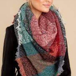 BLANKET SCARF RDB Fall/Winter Plaid Fringe Wrap Wine Mint Shawl 50"x50"